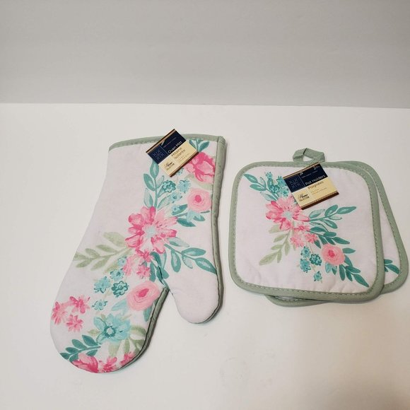 Flower Garden Kitchen Set, 10-piece, Placemats Towels Mitts, Green Pink Floral - Picture 3 of 8